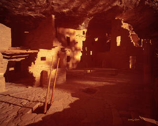A photograph of light and shadow across the plaza and walls of Spruce Tree House in Mesa Verde National Park.